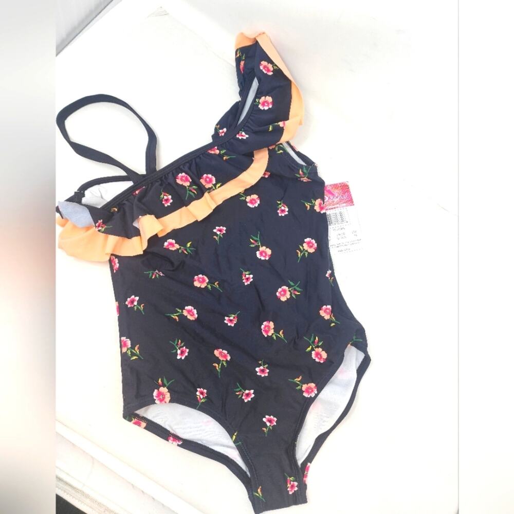 Kanu Surf New Girls Swimsuit Floral One Shoulder Black Tangerine Girls Size 14
